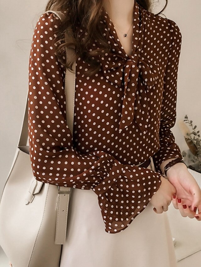  Women's Plus Size Blouse Shirt Polka Dot Geometric Long Sleeve V Neck Tops Basic Basic Top Black
