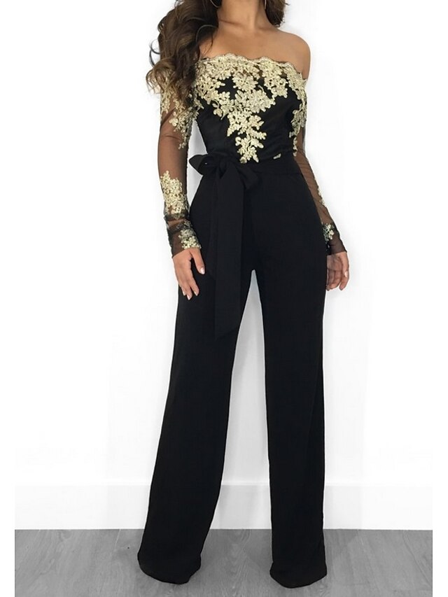  Women's Jumpsuit Floral Tulle Chiffon Sexy Wide Leg Long Sleeve Regular Fit Blue Black Wine S M L Fall / Lace