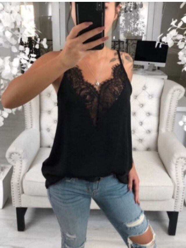  Mujer Camiseta sin mangas Un Color Encaje Con Tirantes Sensual Tops Negro Vino Caqui