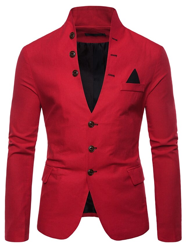  Men's Blazer Blazer Solid Colored Slim Cotton / Polyester Men's Suit Khaki / White / Black - Stand Collar