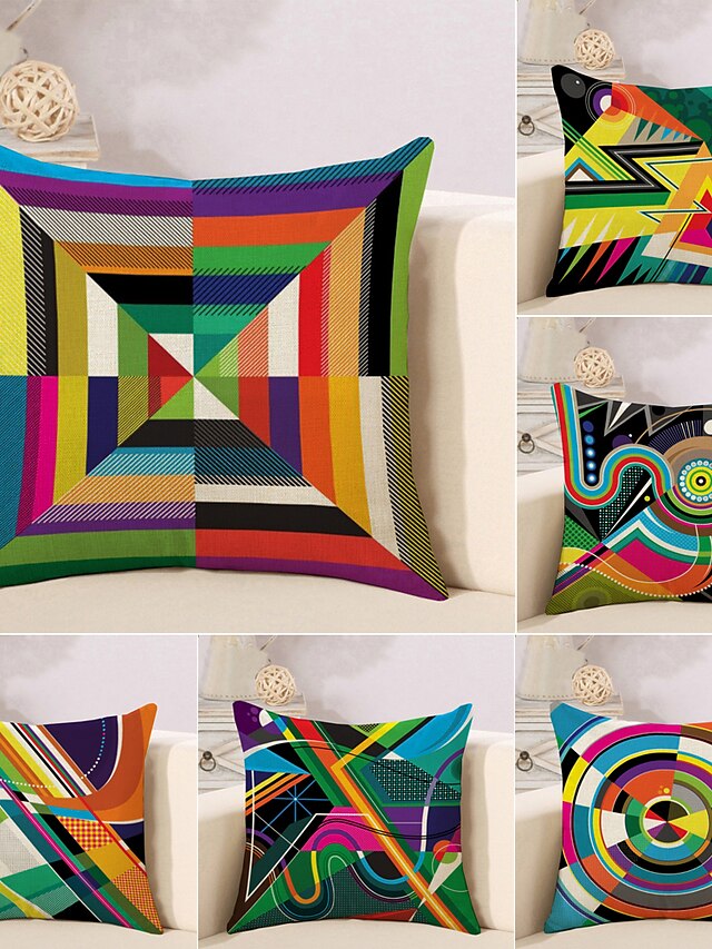  Set of 6 Cotton / Faux Linen Pillow Cover, Striped Lines / Waves Geometic Abstract Throw Pillow
