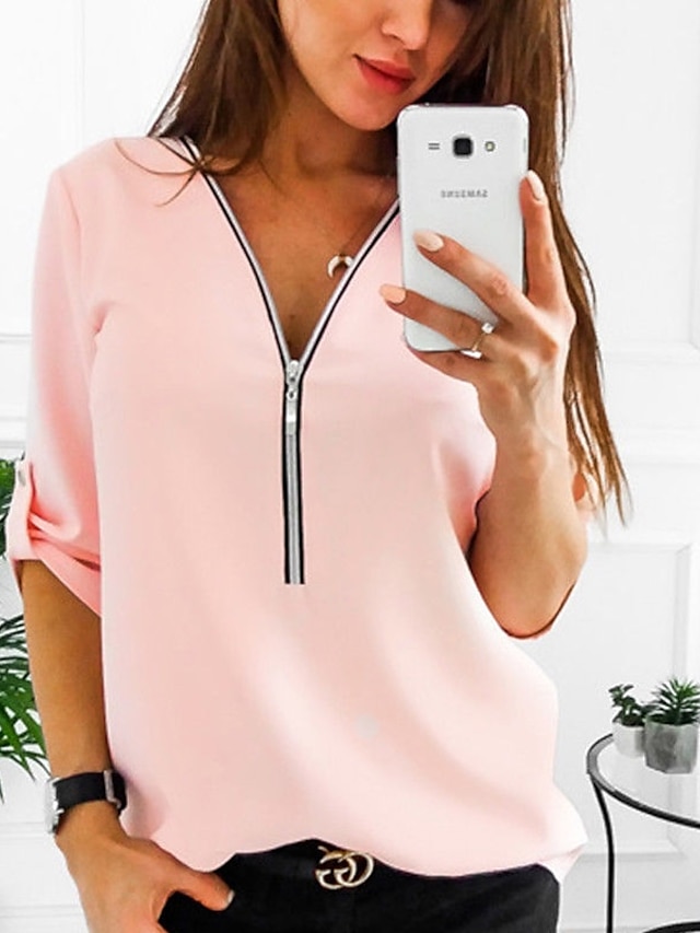  Per donna Plus Size Blusa Camicia Tinta unita A V Chiusura lampo quarto Top Rosa Rosso Bianco