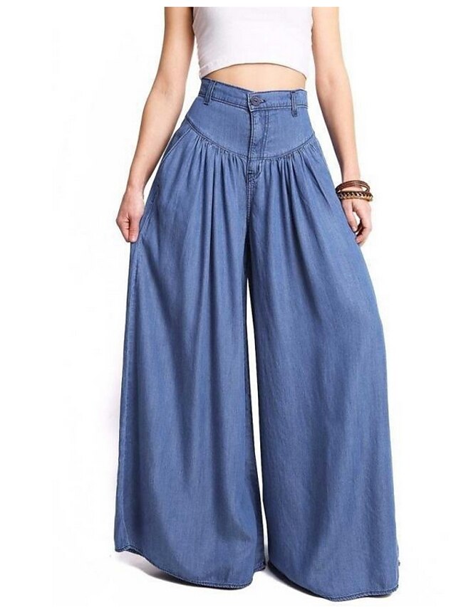  Women's Bootcut Trousers Cotton Mid Waist Basic Solid Colored Blue S / Wide Leg / Plus Size / Loose