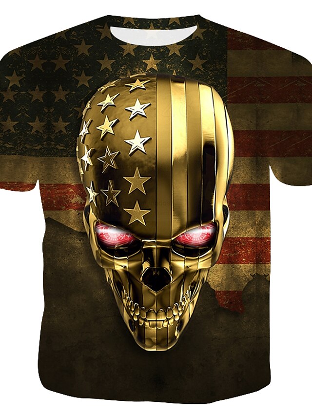  Men's T shirt Graphic 3D Skull Round Neck Print Tops Gold