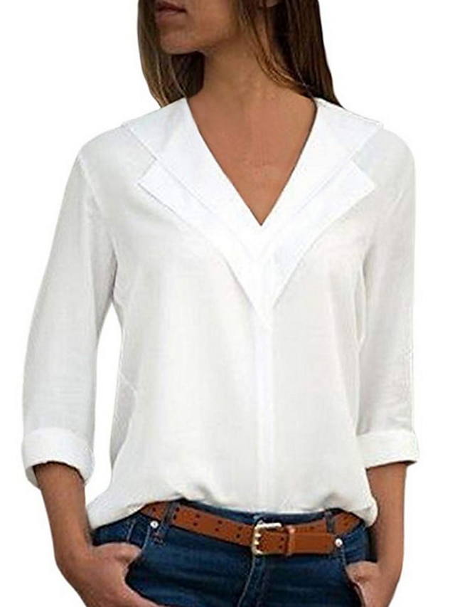  Women's Plus Size Blouse Shirt Plain Solid Colored Long Sleeve V Neck Tops White Black Purple