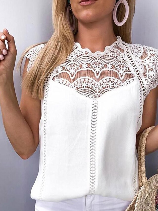  Women's Lace Shirt Shirt Blouse Turtleneck shirt Solid Colored Black White Lace Sleeveless Round Neck Loose Fit Summer Spring
