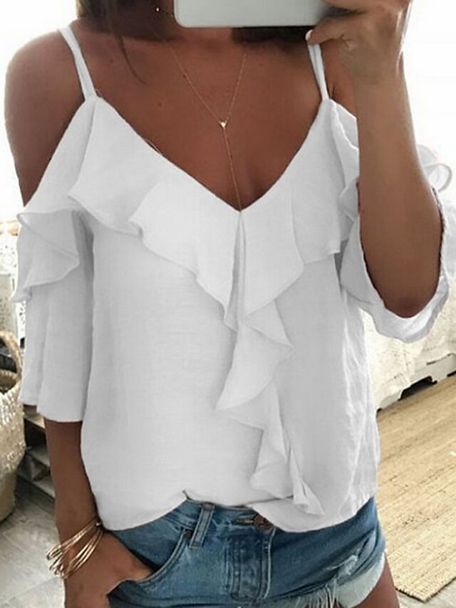  Women's Blouse Solid Colored Ruffle Chiffon Strappy Slim Tops Strap White Black Blushing Pink