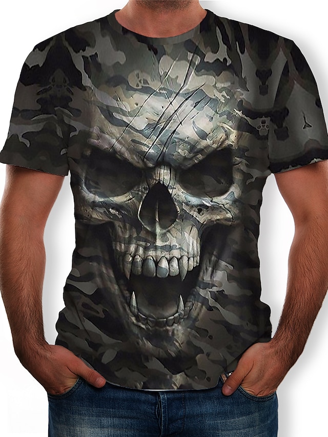  Men's Unisex Tee T shirt Shirt Graphic 3D Skull Round Neck Plus Size Street Causal Short Sleeve Print Tops Basic Designer Big and Tall Army Green / Camo / Camouflage