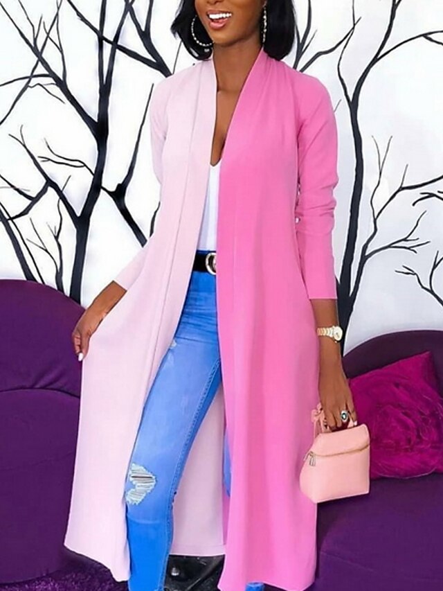  Women's Trench Coat Solid Colored Chiffon Chic & Modern Fall Winter Coat V Neck Long Coat Daily Long Sleeve Jacket Blushing Pink