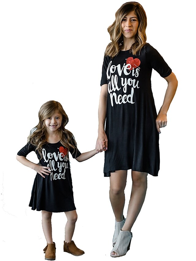  Mommy and Me Active Basic Geometric Letter Print Short Sleeve Regular Knee-length Regular Dress Black