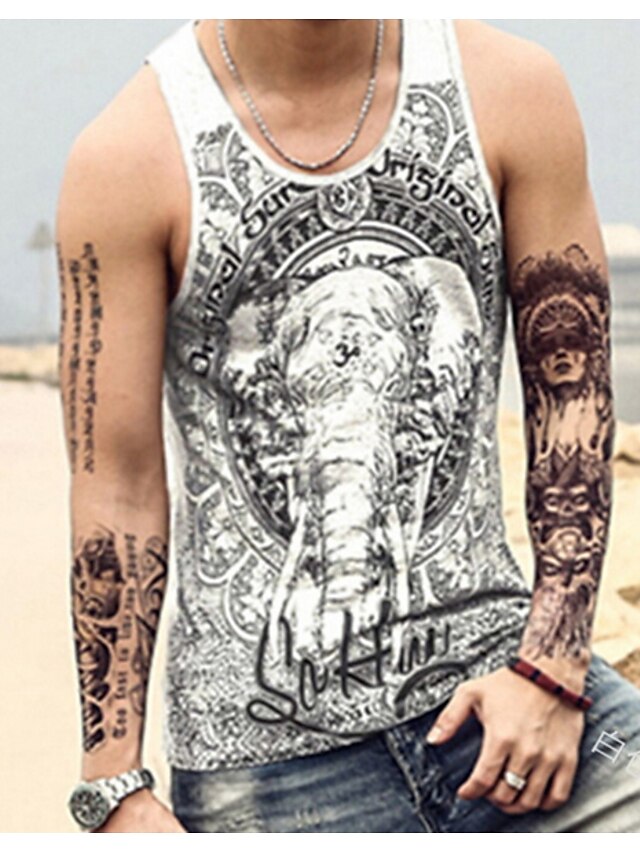  Men's Tank Top Vest Shirt Graphic Elephant Round Neck Plus Size Daily Sports Sleeveless Print Slim Tops Cotton Active Slim Fit Workout Blue White Gray / Summer