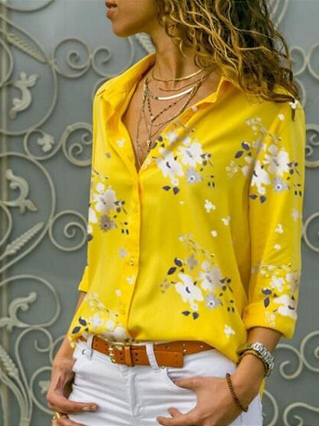  Women's Blouse Shirt Leopard Yellow Light Blue Print Leopard Floral Work Long Sleeve Shirt Collar Basic Casual Regular S