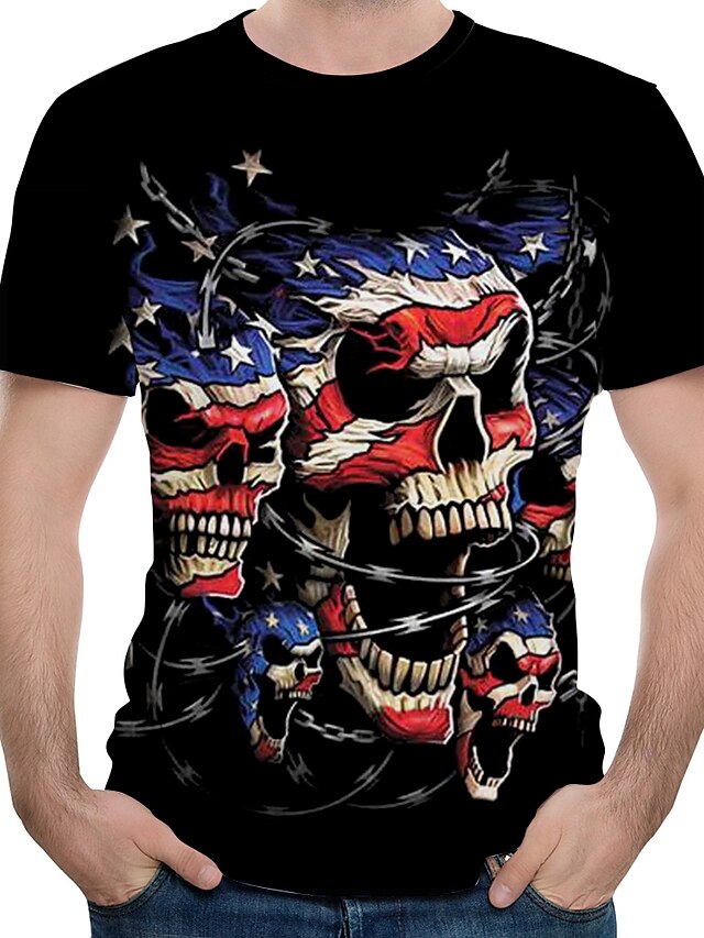  Herren Täglich T-Shirt 3D Totenkopf Motiv Kurzarm Bedruckt Oberteile Rundhalsausschnitt Schwarz