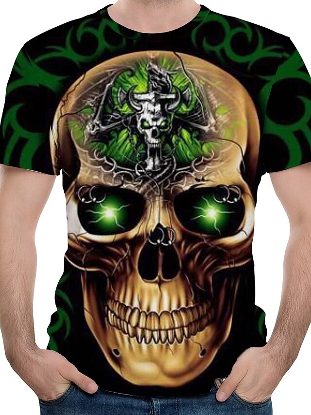  Men's T shirt Graphic 3D Skull Print Tops Round Neck Black