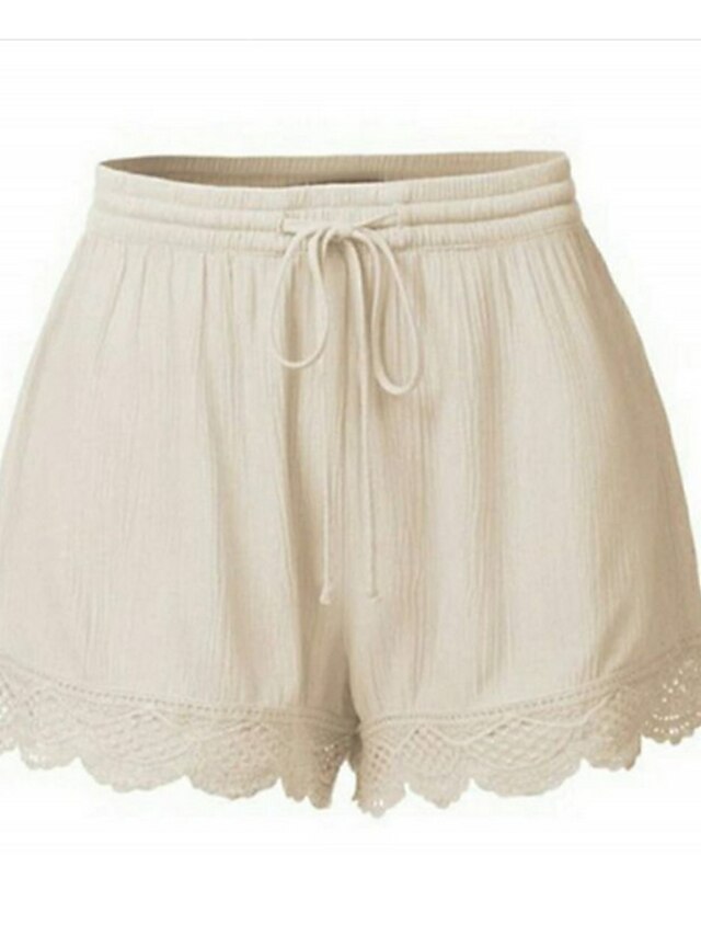  Mulheres Básico Tamanhos Grandes Shorts Calças - Sólido Renda Cintura Alta Branco Preto Azul S / M / L