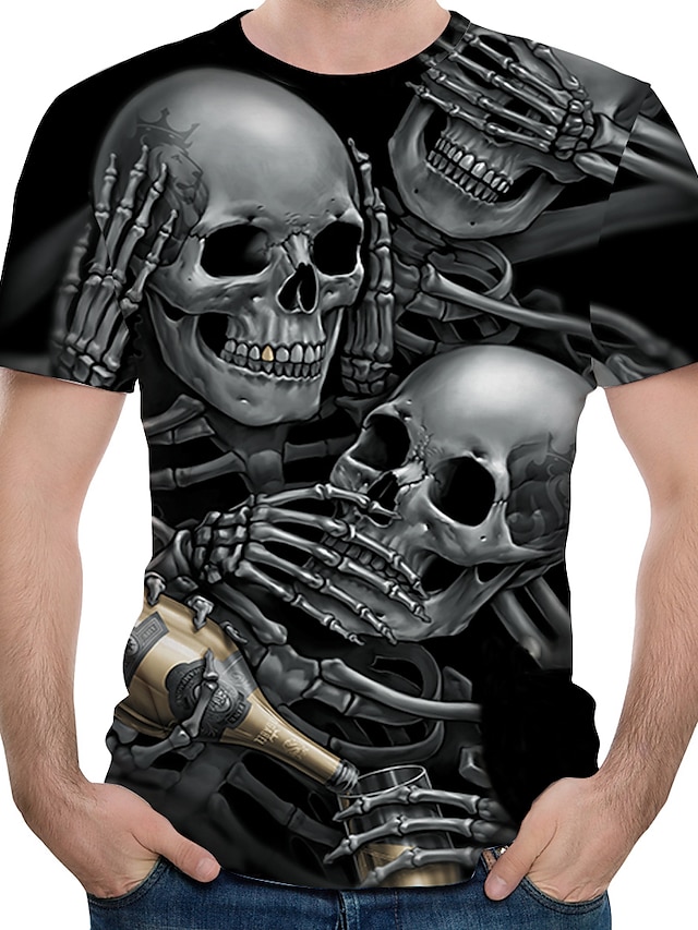  Herre T-Shirts T-shirt Skjorte Grafisk 3D Dødningehoveder Rund hals Afslappet Daglig Kortærmet Trykt mønster Toppe Basale Designer Stor og høj Sort