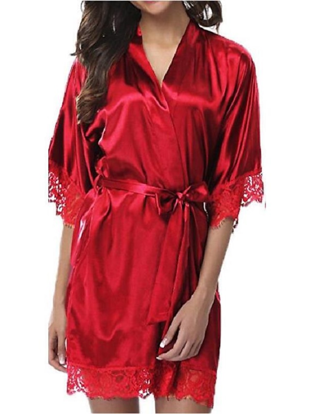  Women's Lace Super Sexy Satin & Silk Robes Gown Nighty Nightwear Solid Colored White / Black / Blue S M L
