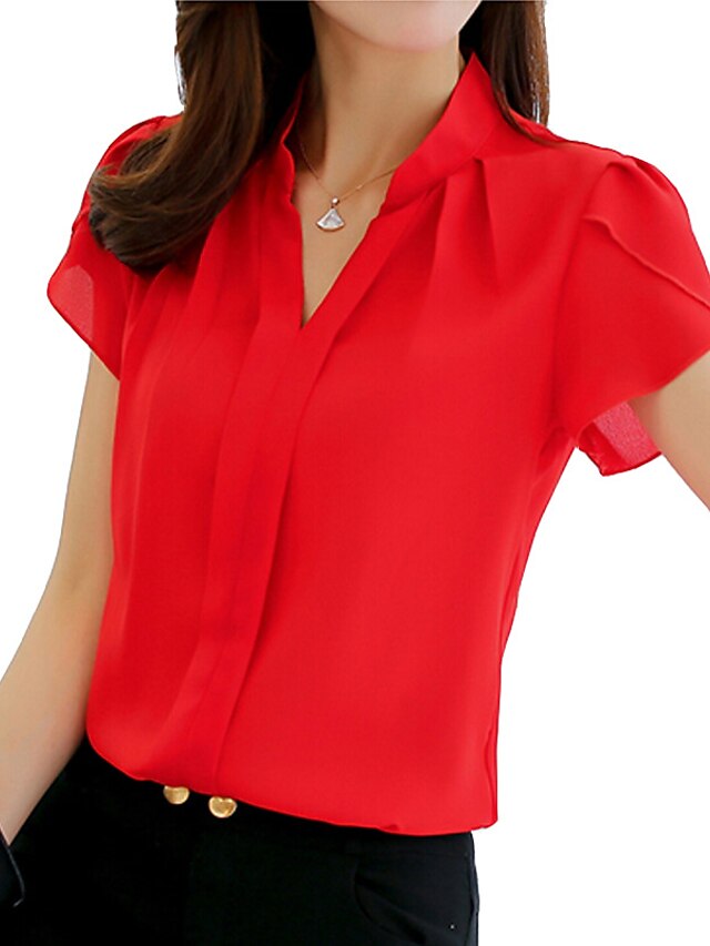  Damen Solide Hemd Freizeitskleidung Hemdkragen Weiß / Rote