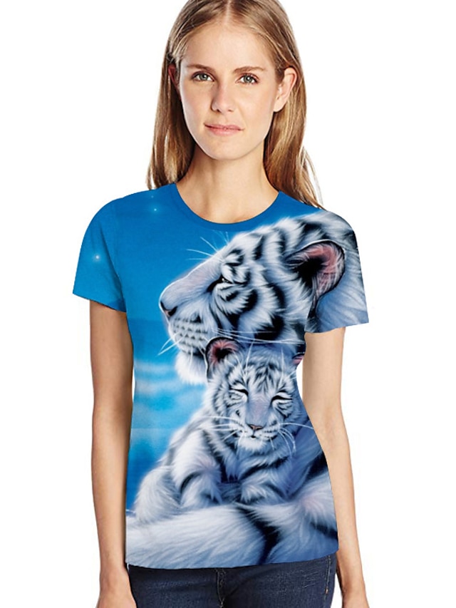  Women's Plus Size T-shirt 3D Animal Cartoon Print Loose Tops Light Blue