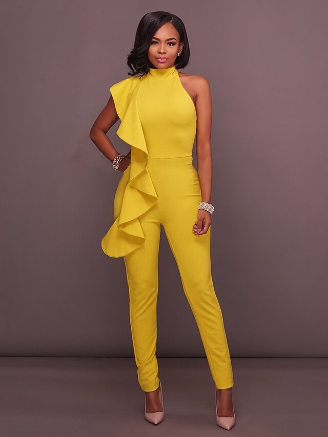  Women's Basic Elegant Sexy Halter Neck Party Daily Holiday 2021 Yellow Royal Blue White Jumpsuit Backless Solid Color