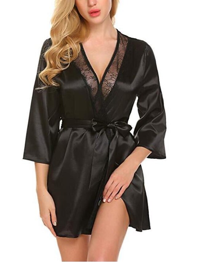  Women's Lace Bow Super Sexy Robes Satin & Silk Suits Nightwear Solid Colored White / Black / Blue S M L / Deep V