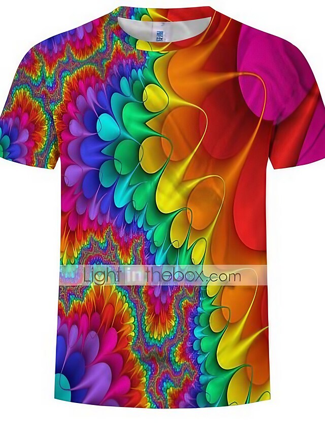  Rainbow Flowers Mens Graphic Shirt Colorful 3D Casual | Summer Cotton Tee Funny Shirts Abstract Round Neck Print Clothing Apparel