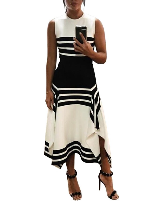  Women's Maxi Black Dress Swing Striped S M / Cotton