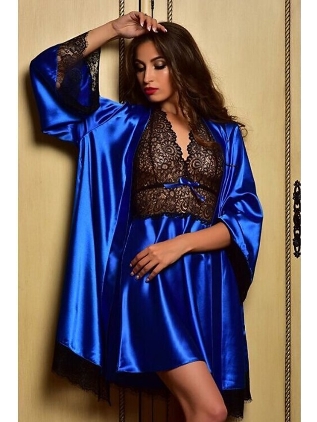  Women's Lace Mesh Plus Size Sexy Babydoll & Slips Robes Satin & Silk Nightwear Patchwork Solid Colored Wine / Black / Blue S M L