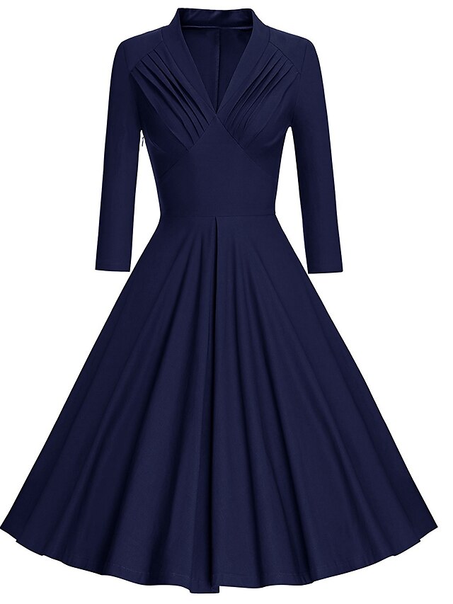  Women's Swing Dress Cotton Midi Dress - Long Sleeve Solid Colored Ruched Deep V Vintage Cotton Slim Black Red Navy Blue S M L XL XXL