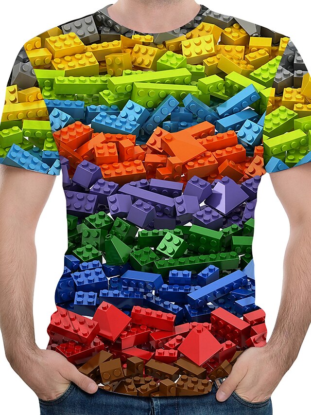  Men's T shirt Graphic Geometric Print Short Sleeve Casual Tops Round Neck Rainbow / Summer