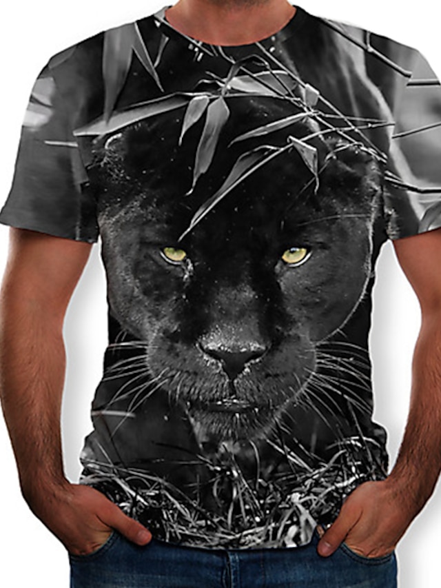  Herren T-Shirt Hemd Grafik 3D Tier Rundhalsausschnitt Schlank Oberteile Schwarz