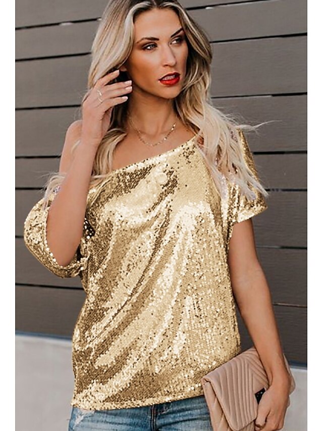  camicetta da donna in tinta unita con paillettes con spalle scoperte oro