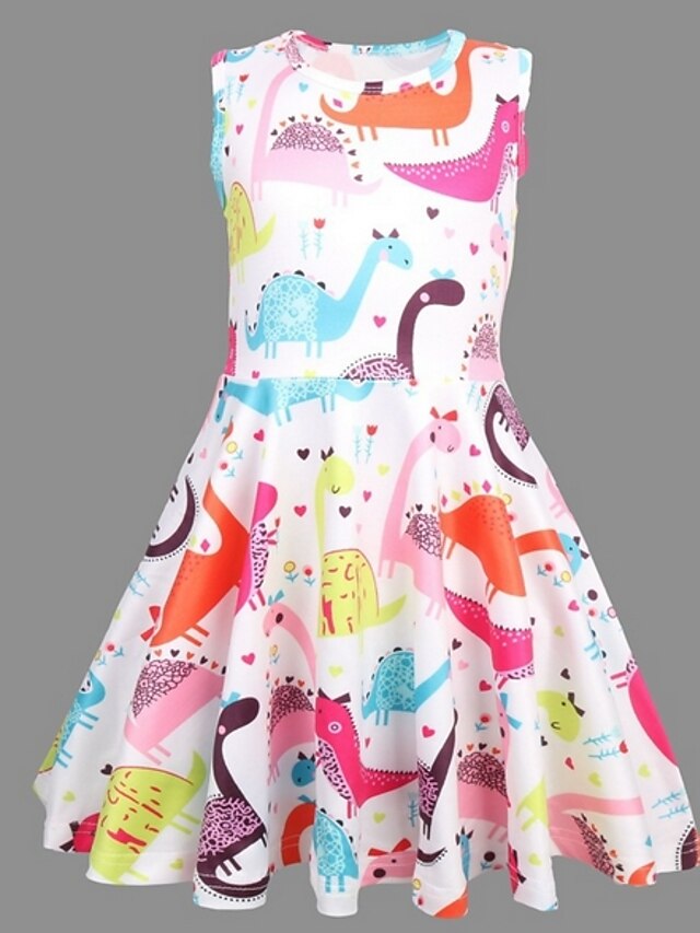  Kids Little Dress Girls' Animal Dinosaur Skater Dress Rainbow Sleeveless Cute Dresses Summer 3-10 Years