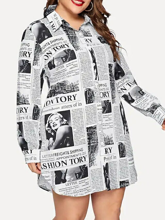  Women's Shirt Dress Short Mini Dress White Long Sleeve Geometric Print Shirt Collar Streetwear XL XXL 3XL 4XL / Plus Size / Plus Size