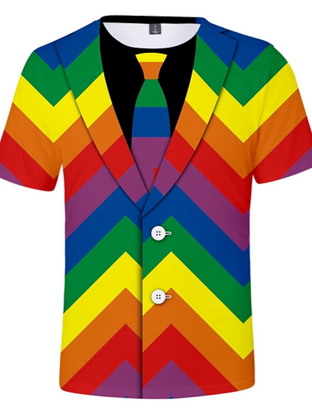 Men's T shirt Shirt Graphic Simulation Print Short Sleeve Casual Tops Round Neck Black Rainbow / Summer