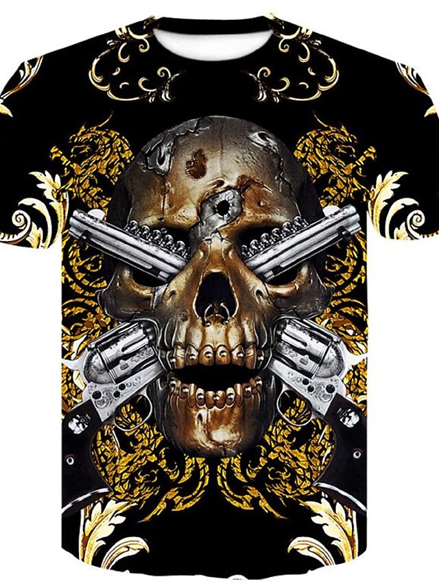  Herren T-Shirt Hemd Grafik 3D Totenkopf Motiv Rundhalsausschnitt Übergröße Bedruckt Schlank Oberteile Schwarz Rote
