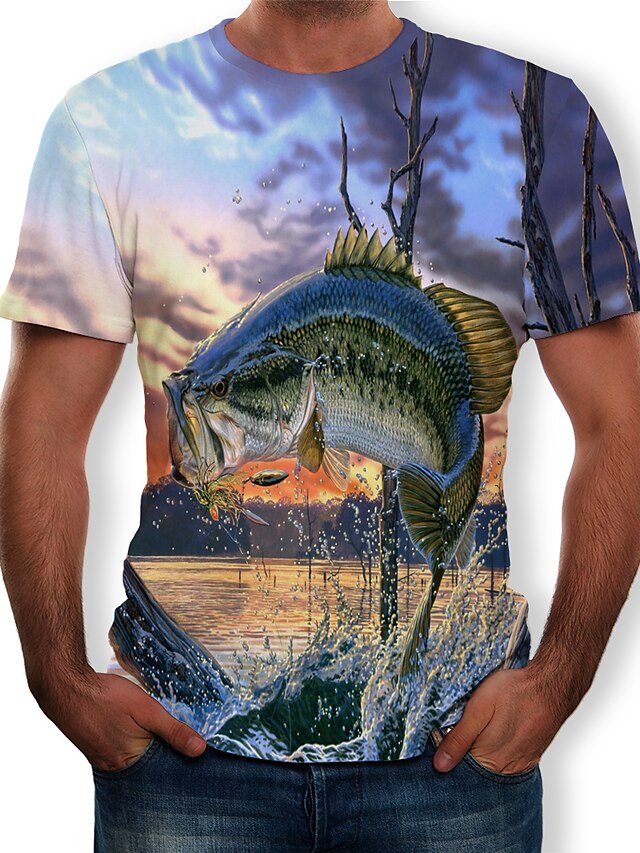  Men's Daily T shirt Plus Size Graphic Scenery Animal Short Sleeve Print Tops Streetwear Exaggerated Round Neck Light Blue / Summer