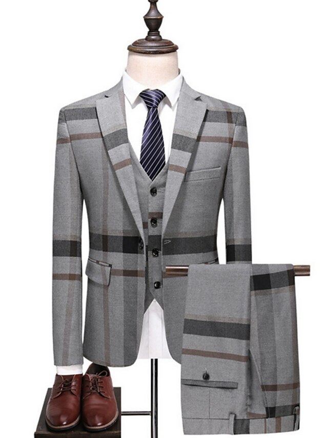  Blue / Gray Striped / Color Block Slim Polyester Men's Suit - Shirt Collar / Plus Size
