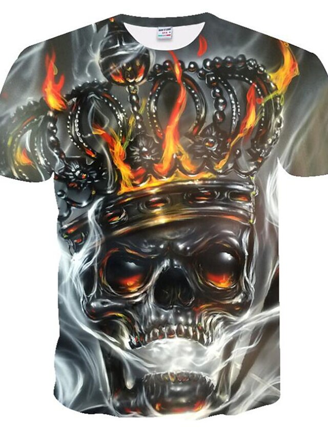  Men's T shirt Graphic 3D Skull Round Neck Plus Size Going out Casual / Daily Short Sleeve Print Tops Rock Punk & Gothic Gray