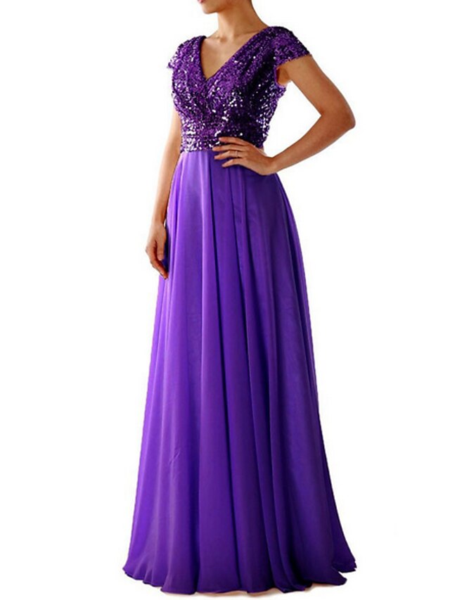  Women's Swing Dress Maxi long Dress Black Purple Beige Short Sleeve Sequins Deep V S M L XL XXL 3XL