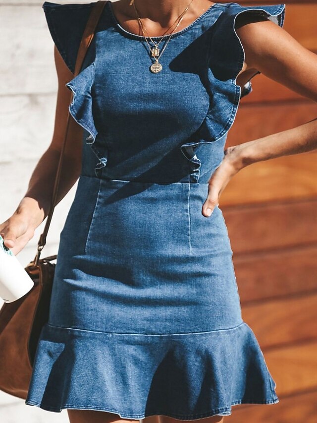  Femme Robe en jean Sans Manches Elégant Chic de Rue A Volants Couleur Pleine Ceinture Non Incluse Coton Slim Bleu S M L XL