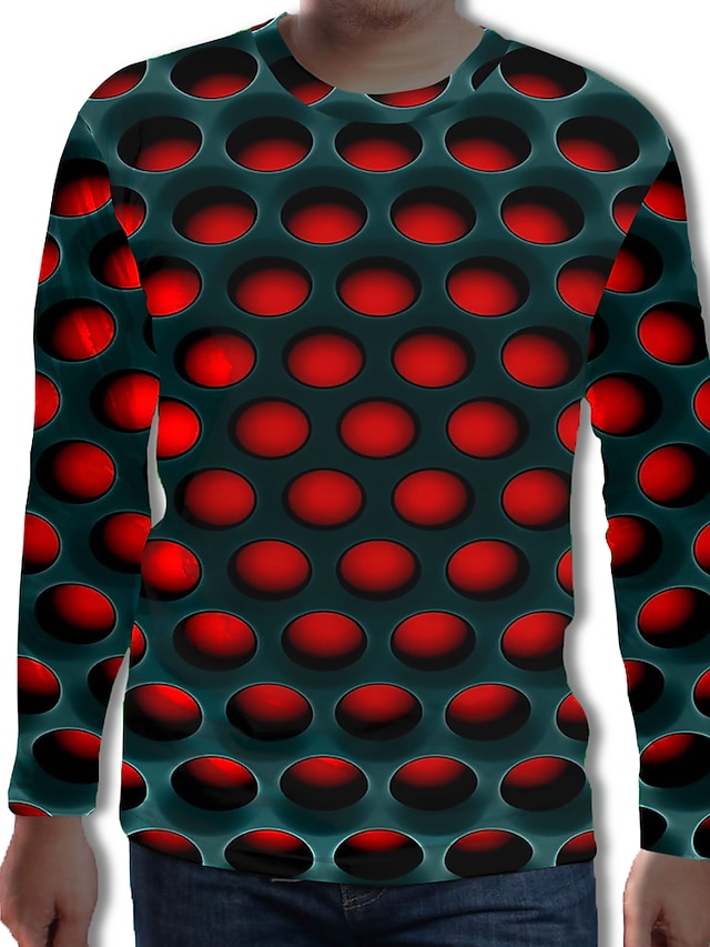  Homens Camiseta Poá Gráfico Geométrica 3D Decote Redondo Tamanho Grande Diário Manga Longa Imprimir Blusas Roupa de rua Exagerado Roxo Vermelho / Outono / Primavera