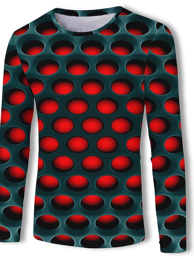  Men's T shirt Graphic Geometric 3D Round Neck Casual / Daily Long Sleeve Print Tops Basic Streetwear Red