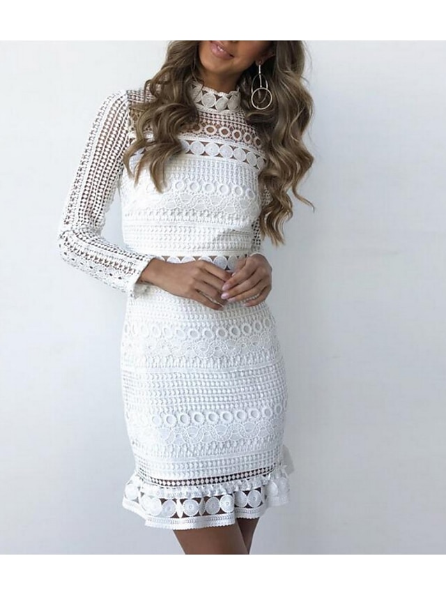  Women's Short Mini Dress Bodycon White White Long Sleeve Solid Colored Stand Collar Fall Winter Basic Lace Slim S M L XL