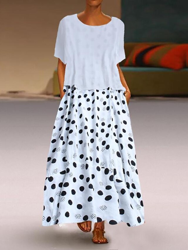  Women's Two Piece Dress Maxi long Dress - Short Sleeve Polka Dot Plus Size Basic White Black Blue Yellow L XL XXL XXXL XXXXL XXXXXL