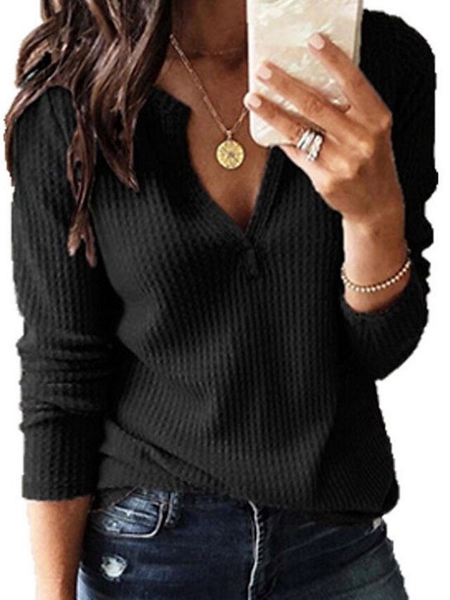  Mujer Blusa Camisa Plano Color sólido Escote en Pico Tejido en Punto Básico Casual Tops Negro Gris