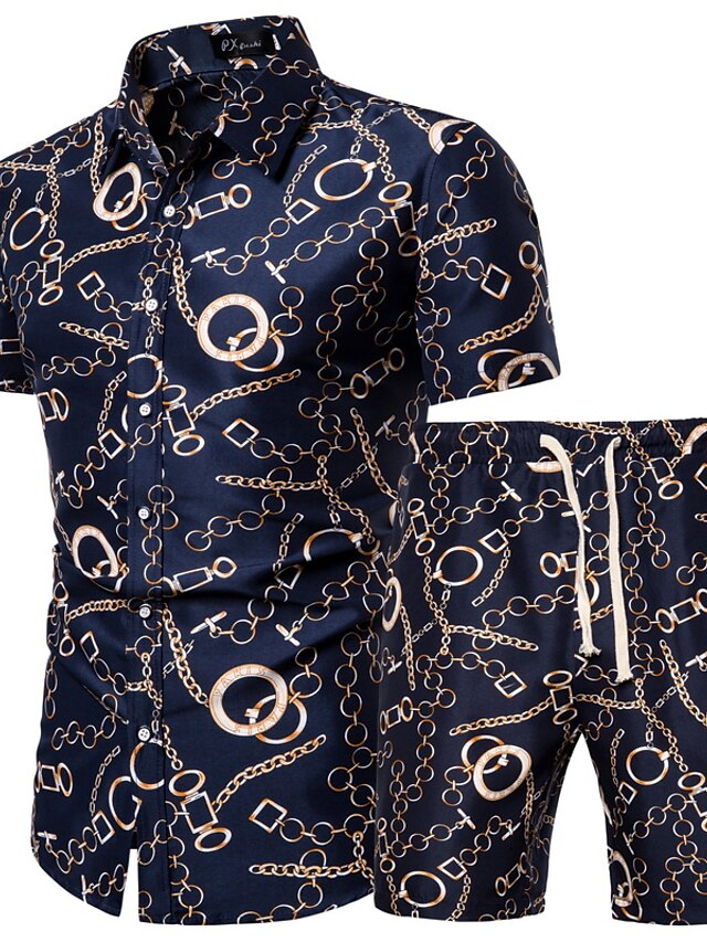  Men's Set Graphic Geometric Classic Collar Plus Size Athleisure Vacation Short Sleeve Print Tops Basic Boho Navy Blue / Beach