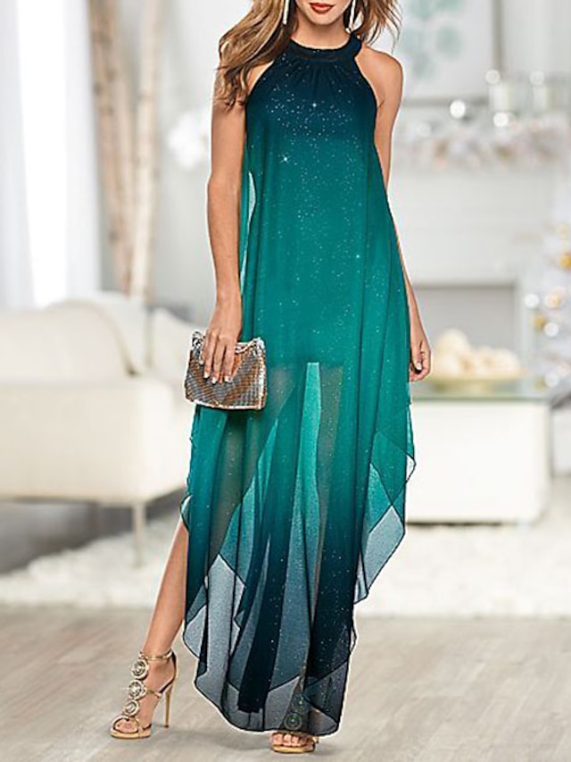  Women's Maxi long Dress Green Sleeveless Color Block Split Round Neck Hot Elegant M L XL XXL 3XL / Chiffon