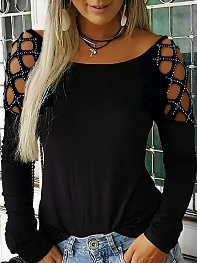  Femme Chemise T-shirt bordeaux Chemisier Noir Vin Bleu Découpé manche longue Sexy Décontractées Col Rond Standard Automne hiver