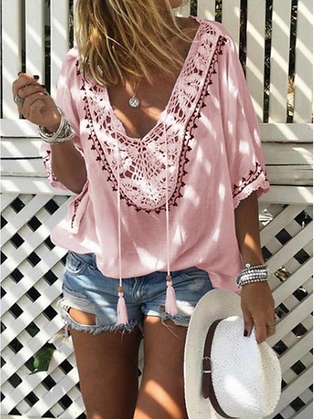  Women's T shirt Solid Colored Half Sleeve Daily Wear Tops V Neck White Blushing Pink